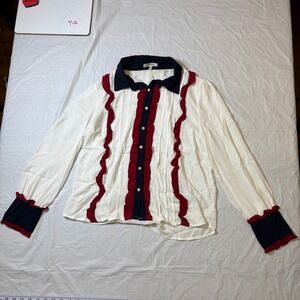Papaya Women's White Navy Red Ruffle Button Down Long Sleeve Shirt Size L